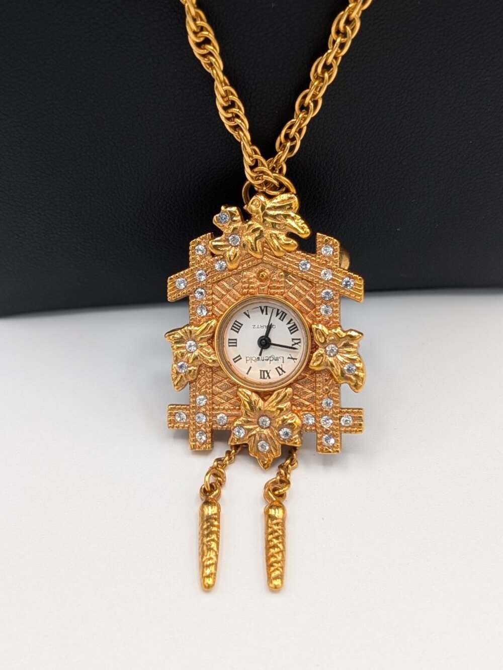 Vintage Lindenwold Cuckoo Clock Watch Pendant Brooch Rhinestone Necklace 28"